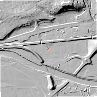 Shaded relief map of the ground around NE490HF, computed from Environment Agency LiDAR. The ground here sits at about 109 m above sea level and falls 34 m across the surrounding 800 m. Surface water reaching this point runs off ground lying to the north-west, 4.3 m higher.