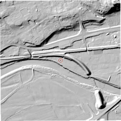 Shaded relief map of the ground around NE490HJ, computed from Environment Agency LiDAR. The ground here sits at about 111 m above sea level and falls 33 m across the surrounding 800 m. Surface water reaching this point runs off ground lying to the north-north-east, 6.6 m higher.