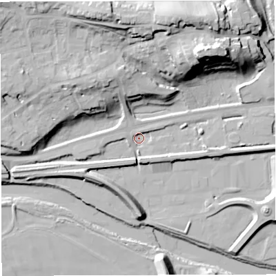 Shaded relief map of the ground around NE490HQ, computed from Environment Agency LiDAR. The ground here sits at about 110 m above sea level and falls 34 m across the surrounding 800 m. Surface water reaching this point runs off ground lying to the west-north-west, 15.7 m higher.