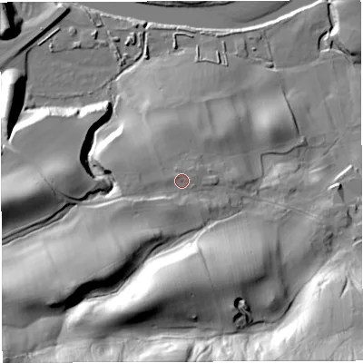 Shaded relief map of the ground around NE490HR, computed from Environment Agency LiDAR. The ground here sits at about 121 m above sea level and falls 48 m across the surrounding 800 m. Surface water reaching this point runs off ground lying to the south-west, 14.7 m higher.