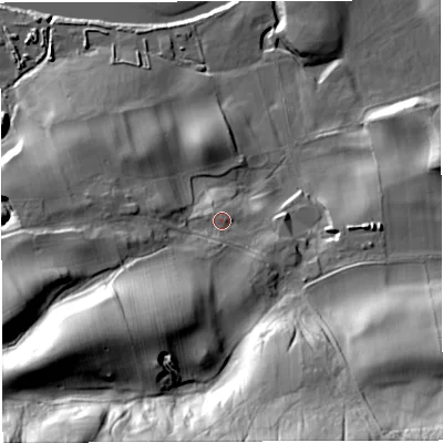 Shaded relief map of the ground around NE490HT, computed from Environment Agency LiDAR. The ground here sits at about 119 m above sea level and falls 51 m across the surrounding 800 m. Surface water reaching this point runs off ground lying to the south, 3.0 m higher.