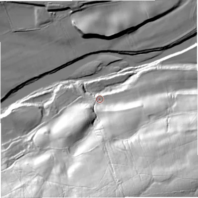 Shaded relief map of the ground around NE490HX, computed from Environment Agency LiDAR. The ground here sits at about 106 m above sea level and falls 82 m across the surrounding 800 m. Surface water reaching this point runs off ground lying to the south-south-east, 72.9 m higher.