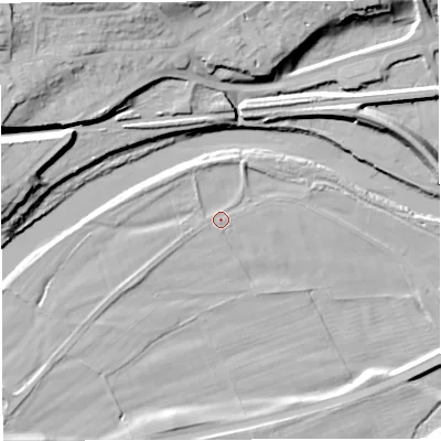 Shaded relief map of the ground around NE490HY, computed from Environment Agency LiDAR. The ground here sits at about 112 m above sea level and falls 21 m across the surrounding 800 m. Surface water reaching this point runs off ground lying to the west-south-west, 0.6 m higher.