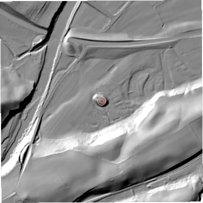 Shaded relief map of the ground around NE490HZ, computed from Environment Agency LiDAR. The ground here sits at about 122 m above sea level and falls 49 m across the surrounding 800 m. Surface water reaching this point runs off ground lying to the south-south-west, 37.1 m higher.