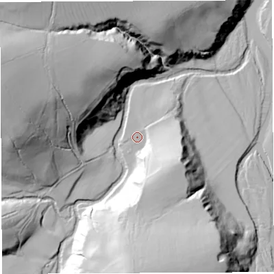 Shaded relief map of the ground around NE490JJ, computed from Environment Agency LiDAR. The ground here sits at about 141 m above sea level and falls 62 m across the surrounding 800 m. Surface water reaching this point runs off ground lying to the south, 28.1 m higher.