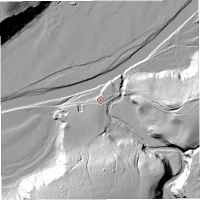 Shaded relief map of the ground around NE490JP, computed from Environment Agency LiDAR. The ground here sits at about 130 m above sea level and falls 49 m across the surrounding 800 m. Surface water reaching this point runs off ground lying to the south, 7.2 m higher.