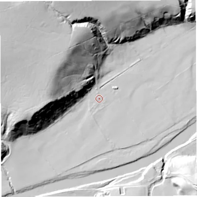 Shaded relief map of the ground around NE490JQ, computed from Environment Agency LiDAR. The ground here sits at about 126 m above sea level and falls 58 m across the surrounding 800 m. Surface water reaching this point runs off ground lying to the south-south-west, 1.2 m higher.