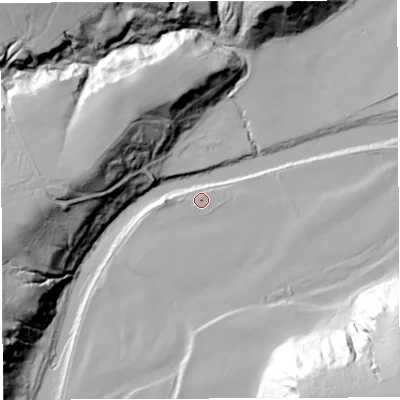 Shaded relief map of the ground around NE490JW, computed from Environment Agency LiDAR. The ground here sits at about 130 m above sea level and falls 52 m across the surrounding 800 m. Surface water reaching this point runs off ground lying to the west, 2.7 m higher.