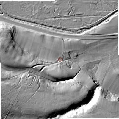 Shaded relief map of the ground around NE490LG, computed from Environment Agency LiDAR. The ground here sits at about 129 m above sea level and falls 65 m across the surrounding 800 m. Surface water reaching this point runs off ground lying to the south-south-west, 26.8 m higher.