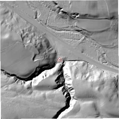 Shaded relief map of the ground around NE490LQ, computed from Environment Agency LiDAR. The ground here sits at about 132 m above sea level and falls 85 m across the surrounding 800 m. Surface water reaching this point runs off ground lying to the south-west, 73.1 m higher.