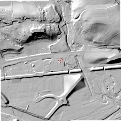 Shaded relief map of the ground around NE490ND, computed from Environment Agency LiDAR. The ground here sits at about 110 m above sea level and falls 49 m across the surrounding 800 m. Surface water reaching this point runs off ground lying to the east-north-east, 0.6 m higher.