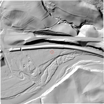 Shaded relief map of the ground around NE490NE, computed from Environment Agency LiDAR. The ground here sits at about 105 m above sea level and falls 62 m across the surrounding 800 m. Surface water reaching this point runs off ground lying to the west, 7.2 m higher.