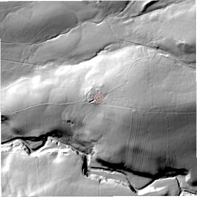 Shaded relief map of the ground around NE490PH, computed from Environment Agency LiDAR. The ground here sits at about 247 m above sea level and falls 53 m across the surrounding 800 m. Surface water reaching this point runs off ground lying to the east, 14.8 m higher.