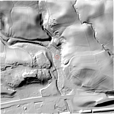 Shaded relief map of the ground around NE499LS, computed from Environment Agency LiDAR. The ground here sits at about 114 m above sea level and falls 71 m across the surrounding 800 m. Surface water reaching this point runs off ground lying to the north-north-east, 57.9 m higher.
