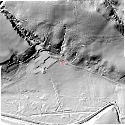 Shaded relief map of the ground around NE499LY, computed from Environment Agency LiDAR. The ground here sits at about 126 m above sea level and falls 85 m across the surrounding 800 m. Surface water reaching this point runs off ground lying to the north, 75.0 m higher.