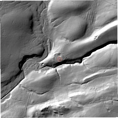 Shaded relief map of the ground around NE499NH, computed from Environment Agency LiDAR. The ground here sits at about 230 m above sea level and falls 62 m across the surrounding 800 m. Surface water reaching this point runs off ground lying to the east-north-east, 4.2 m higher.