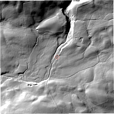 Shaded relief map of the ground around NE499PP, computed from Environment Agency LiDAR. The ground here sits at about 209 m above sea level and falls 44 m across the surrounding 800 m. Surface water reaching this point runs off ground lying to the north-east, 32.3 m higher.
