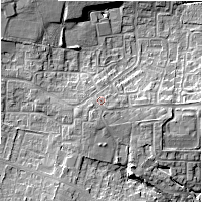 Shaded relief map of the ground around NE54AQ, computed from Environment Agency LiDAR. The ground here sits at about 109 m above sea level and falls 14 m across the surrounding 800 m. Surface water reaching this point runs off ground lying to the south-west, 1.7 m higher.