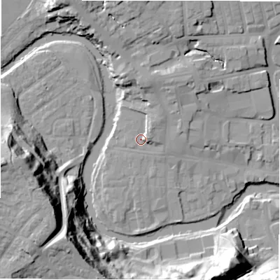 Shaded relief map of the ground around NE611AA, computed from Environment Agency LiDAR. The ground here sits at about 28 m above sea level and falls 44 m across the surrounding 800 m. Surface water reaching this point runs off ground lying to the north-east, 3.4 m higher.