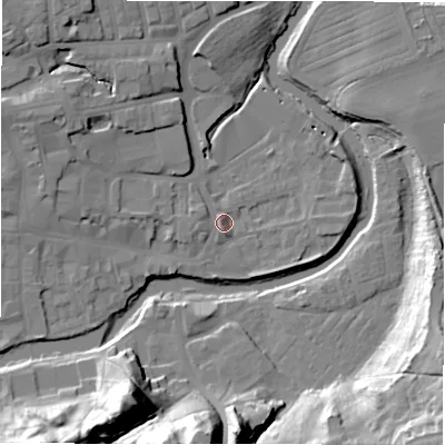 Shaded relief map of the ground around NE611AE, computed from Environment Agency LiDAR. The ground here sits at about 26 m above sea level and falls 34 m across the surrounding 800 m. Surface water reaching this point runs off ground lying to the west-north-west, 8.8 m higher.