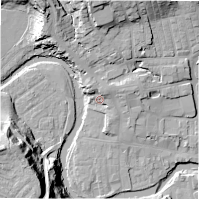 Shaded relief map of the ground around NE611AG, computed from Environment Agency LiDAR. The ground here sits at about 31 m above sea level and falls 44 m across the surrounding 800 m. Surface water reaching this point runs off ground lying to the north-north-east, 6.4 m higher.