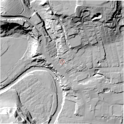 Shaded relief map of the ground around NE611AQ, computed from Environment Agency LiDAR. The ground here sits at about 35 m above sea level and falls 42 m across the surrounding 800 m. Surface water reaching this point runs off ground lying to the north-north-east, 34.0 m higher.