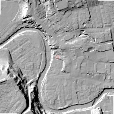 Shaded relief map of the ground around NE611AS, computed from Environment Agency LiDAR. The ground here sits at about 29 m above sea level and falls 44 m across the surrounding 800 m. Surface water reaching this point runs off ground lying to the north-north-east, 6.6 m higher.