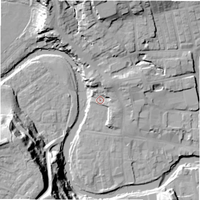Shaded relief map of the ground around NE611AU, computed from Environment Agency LiDAR. The ground here sits at about 29 m above sea level and falls 44 m across the surrounding 800 m. Surface water reaching this point runs off ground lying to the north-north-east, 6.6 m higher.