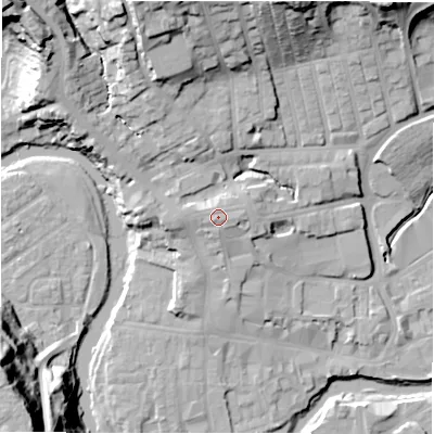 Shaded relief map of the ground around NE611BH, computed from Environment Agency LiDAR. The ground here sits at about 34 m above sea level and falls 41 m across the surrounding 800 m. Surface water reaching this point runs off ground lying to the south-west, 0.9 m higher.