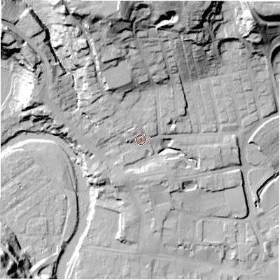 Shaded relief map of the ground around NE611BP, computed from Environment Agency LiDAR. The ground here sits at about 34 m above sea level and falls 42 m across the surrounding 800 m. Surface water reaching this point runs off ground lying to the north, 31.2 m higher.