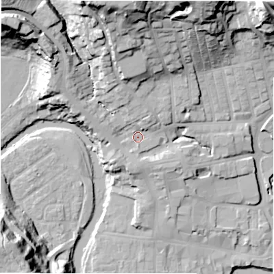 Shaded relief map of the ground around NE611BS, computed from Environment Agency LiDAR. The ground here sits at about 33 m above sea level and falls 42 m across the surrounding 800 m. Surface water reaching this point runs off ground lying to the north-north-west, 28.1 m higher.