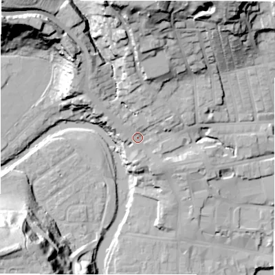 Shaded relief map of the ground around NE611BU, computed from Environment Agency LiDAR. The ground here sits at about 34 m above sea level and falls 44 m across the surrounding 800 m. Surface water reaching this point runs off ground lying to the north-west, 5.4 m higher.