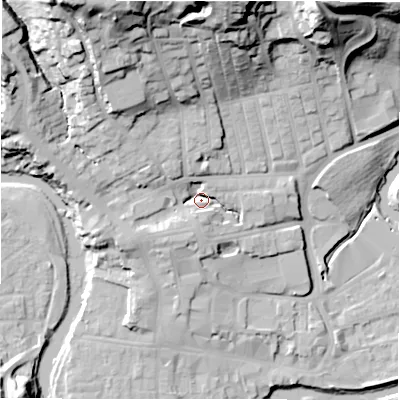 Shaded relief map of the ground around NE611BW, computed from Environment Agency LiDAR. The ground here sits at about 31 m above sea level and falls 42 m across the surrounding 800 m. Surface water reaching this point runs off ground lying to the north-north-west, 33.9 m higher.