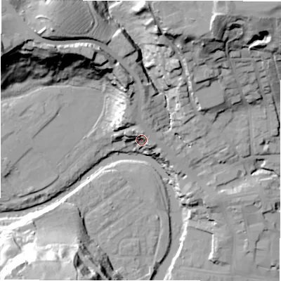 Shaded relief map of the ground around NE611DB, computed from Environment Agency LiDAR. The ground here sits at about 32 m above sea level and falls 42 m across the surrounding 800 m. Surface water reaching this point runs off ground lying to the north, 12.2 m higher.