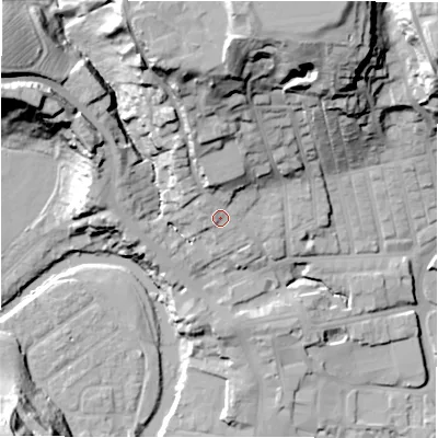Shaded relief map of the ground around NE611EA, computed from Environment Agency LiDAR. The ground here sits at about 37 m above sea level and falls 42 m across the surrounding 800 m. Surface water reaching this point runs off ground lying to the north, 28.6 m higher.