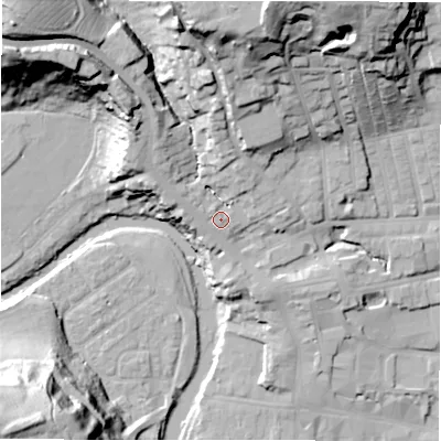 Shaded relief map of the ground around NE611ER, computed from Environment Agency LiDAR. The ground here sits at about 35 m above sea level and falls 42 m across the surrounding 800 m. Surface water reaching this point runs off ground lying to the north-west, 31.6 m higher.
