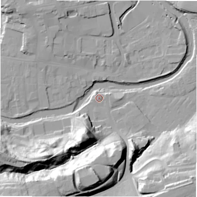 Shaded relief map of the ground around NE611HD, computed from Environment Agency LiDAR. The ground here sits at about 27 m above sea level and falls 39 m across the surrounding 800 m. Surface water reaching this point runs off ground lying to the south-south-west, 26.2 m higher.