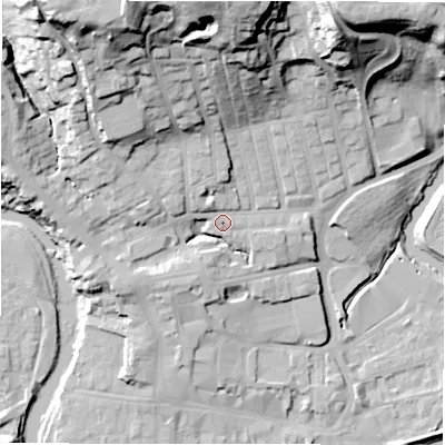 Shaded relief map of the ground around NE611HU, computed from Environment Agency LiDAR. The ground here sits at about 32 m above sea level and falls 43 m across the surrounding 800 m. Surface water reaching this point runs off ground lying to the north-north-west, 32.5 m higher.