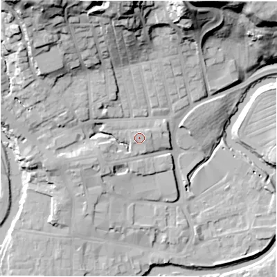 Shaded relief map of the ground around NE611HW, computed from Environment Agency LiDAR. The ground here sits at about 32 m above sea level and falls 42 m across the surrounding 800 m. The ground contributing surface water to this point lies to the north.