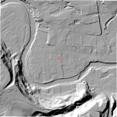Shaded relief map of the ground around NE611LA, computed from Environment Agency LiDAR. The ground here sits at about 28 m above sea level and falls 41 m across the surrounding 800 m. Surface water reaching this point runs off ground lying to the north-north-west, 7.3 m higher.