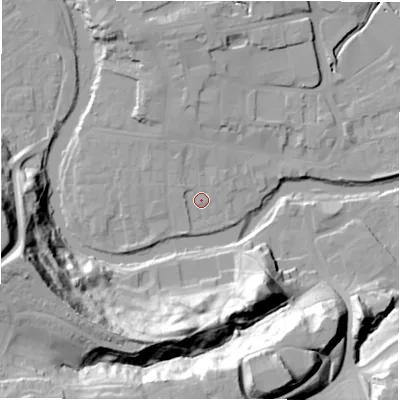 Shaded relief map of the ground around NE611LN, computed from Environment Agency LiDAR. The ground here sits at about 26 m above sea level and falls 41 m across the surrounding 800 m. Surface water reaching this point runs off ground lying to the north-north-west, 2.8 m higher.
