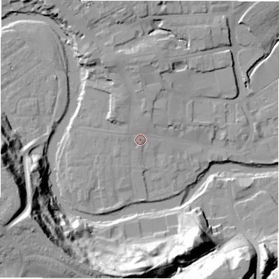 Shaded relief map of the ground around NE611LU, computed from Environment Agency LiDAR. The ground here sits at about 28 m above sea level and falls 41 m across the surrounding 800 m. Surface water reaching this point runs off ground lying to the north, 2.5 m higher.