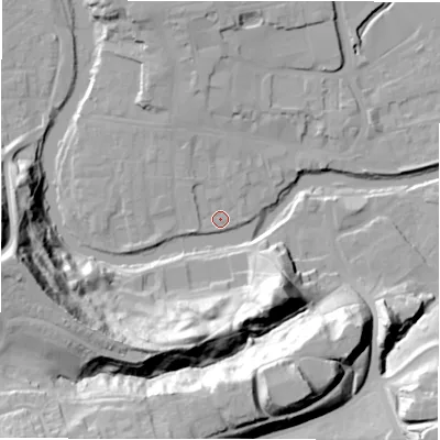 Shaded relief map of the ground around NE611LW, computed from Environment Agency LiDAR. The ground here sits at about 26 m above sea level and falls 40 m across the surrounding 800 m. Surface water reaching this point runs off ground lying to the west, 36.9 m higher.