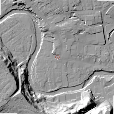 Shaded relief map of the ground around NE611LY, computed from Environment Agency LiDAR. The ground here sits at about 29 m above sea level and falls 42 m across the surrounding 800 m. Surface water reaching this point runs off ground lying to the north-north-west, 3.1 m higher.
