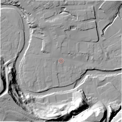 Shaded relief map of the ground around NE611NG, computed from Environment Agency LiDAR. The ground here sits at about 28 m above sea level and falls 41 m across the surrounding 800 m. Surface water reaching this point runs off ground lying to the north, 5.4 m higher.