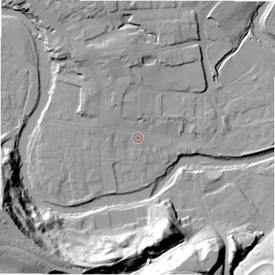 Shaded relief map of the ground around NE611NJ, computed from Environment Agency LiDAR. The ground here sits at about 27 m above sea level and falls 40 m across the surrounding 800 m. Surface water reaching this point runs off ground lying to the north-north-west, 6.2 m higher.