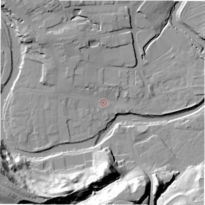 Shaded relief map of the ground around NE611NL, computed from Environment Agency LiDAR. The ground here sits at about 26 m above sea level and falls 37 m across the surrounding 800 m. Surface water reaching this point runs off ground lying to the north-west, 7.4 m higher.