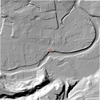 Shaded relief map of the ground around NE611PD, computed from Environment Agency LiDAR. The ground here sits at about 26 m above sea level and falls 38 m across the surrounding 800 m. Surface water reaching this point runs off ground lying to the south-west, 33.0 m higher.