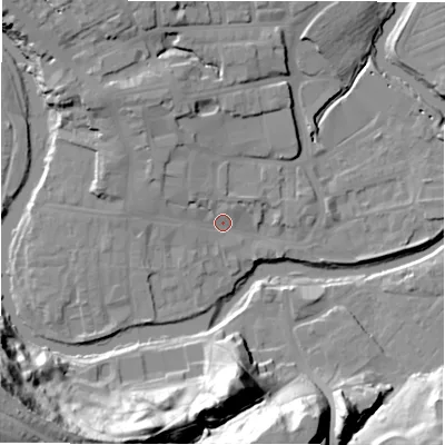 Shaded relief map of the ground around NE611PE, computed from Environment Agency LiDAR. The ground here sits at about 27 m above sea level and falls 37 m across the surrounding 800 m. Surface water reaching this point runs off ground lying to the north-west, 7.2 m higher.