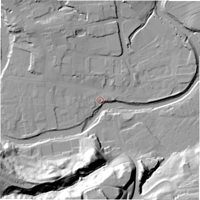 Shaded relief map of the ground around NE611PJ, computed from Environment Agency LiDAR. The ground here sits at about 26 m above sea level and falls 39 m across the surrounding 800 m. Surface water reaching this point runs off ground lying to the west-north-west, 0.8 m higher.
